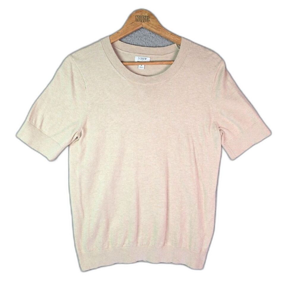 J Crew Pullover Sweater Cream M Short Sleeve Crewneck Cotton Cashmere Blend